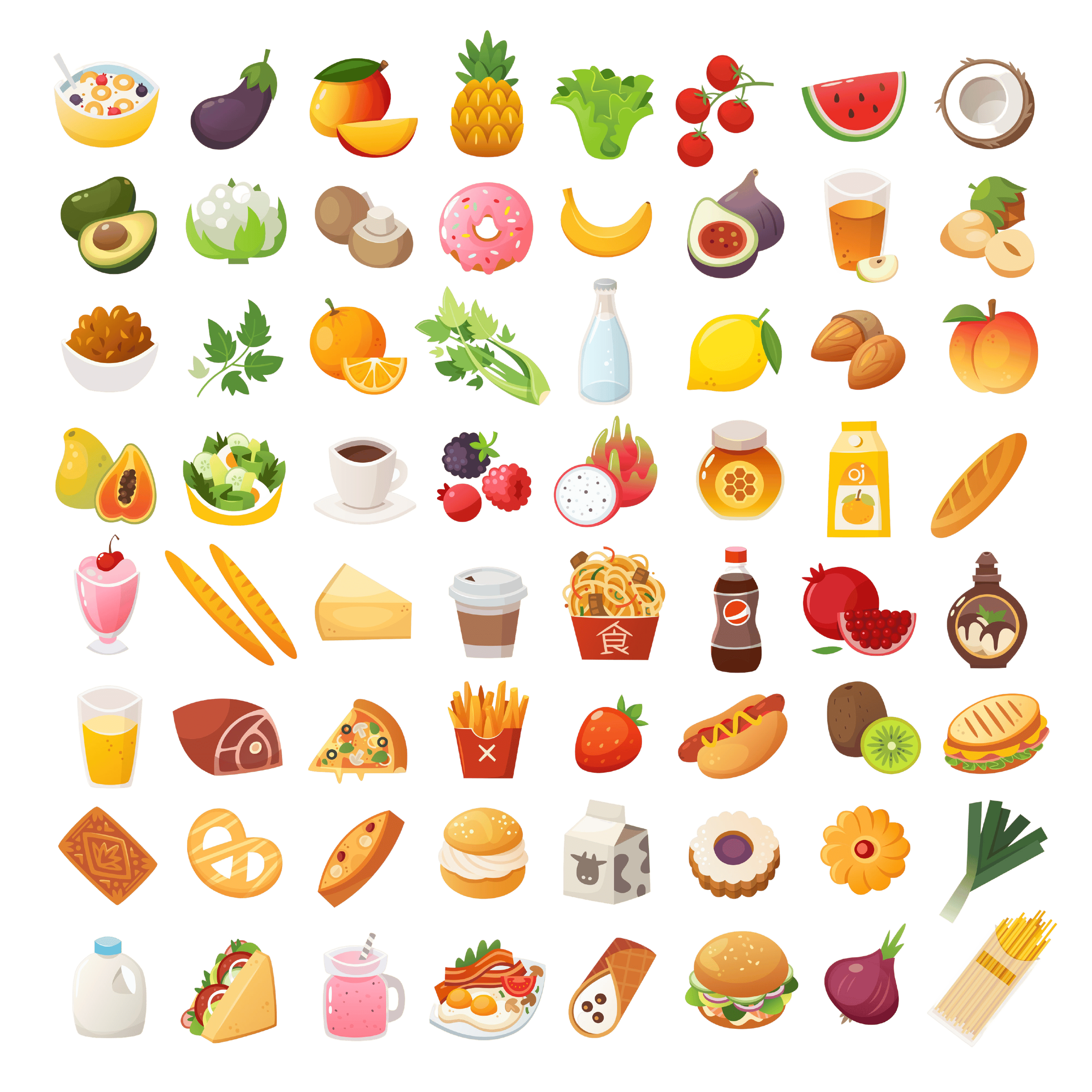 Set of colorful food icons. Bakery, dairy food, fruit and vegetables. Desserts fast food and pasta images. Isolated vector cartoon icons on white background.