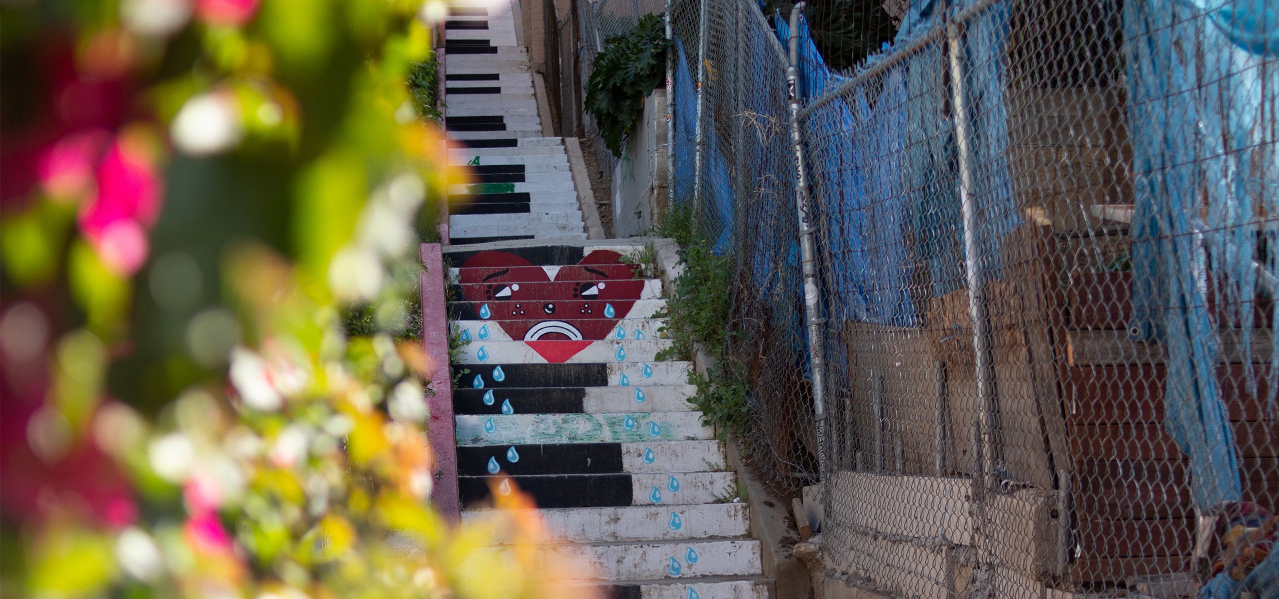 Street sign that reads “Music Box Steps” points to a concrete staircase.